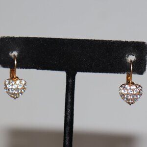 💖 Gold & Rhinestone Heart Earrings ✨ Lever-Back Hook • .75" Tall